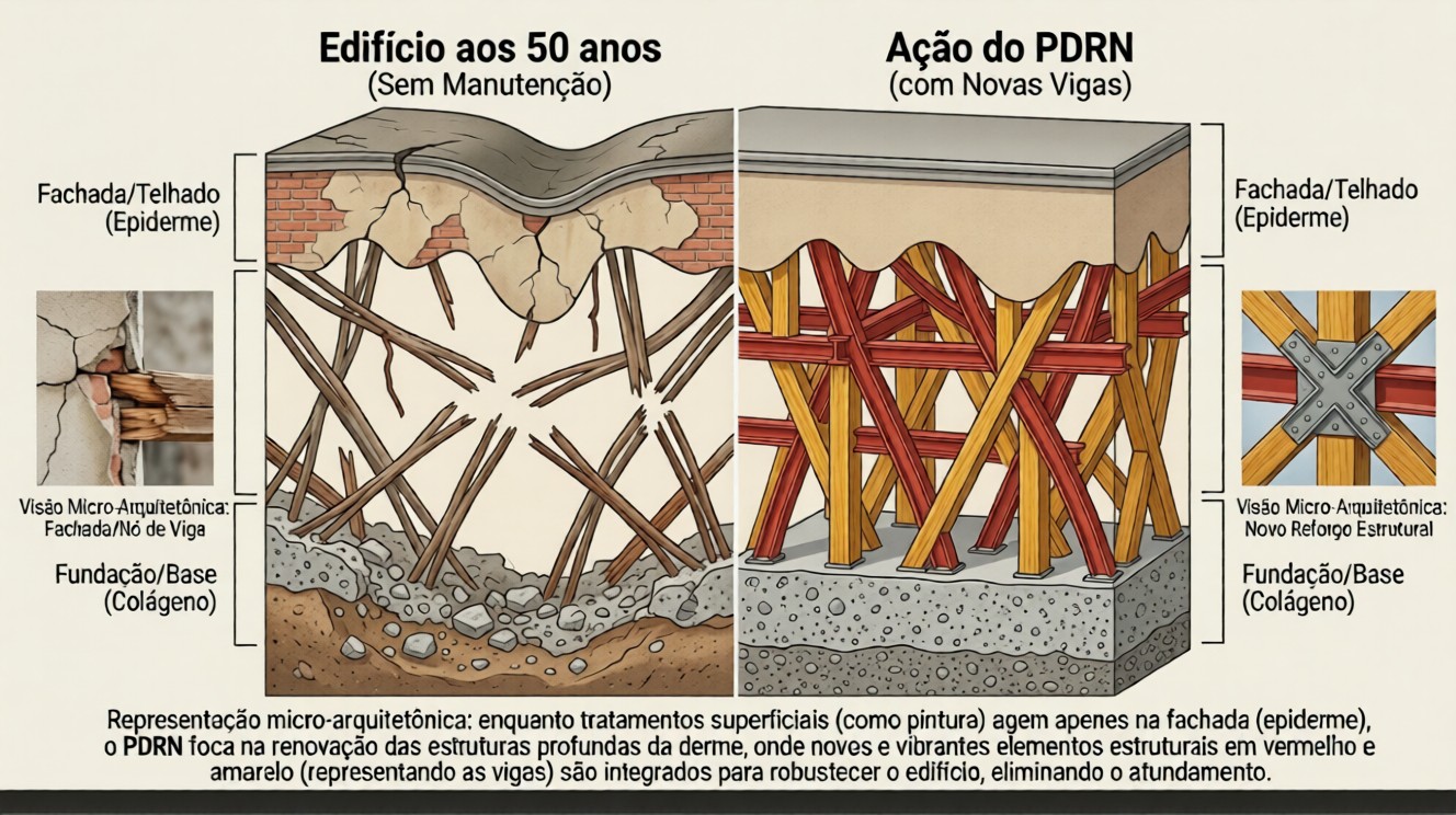 Vigas de um edifício e a comparação com a derme