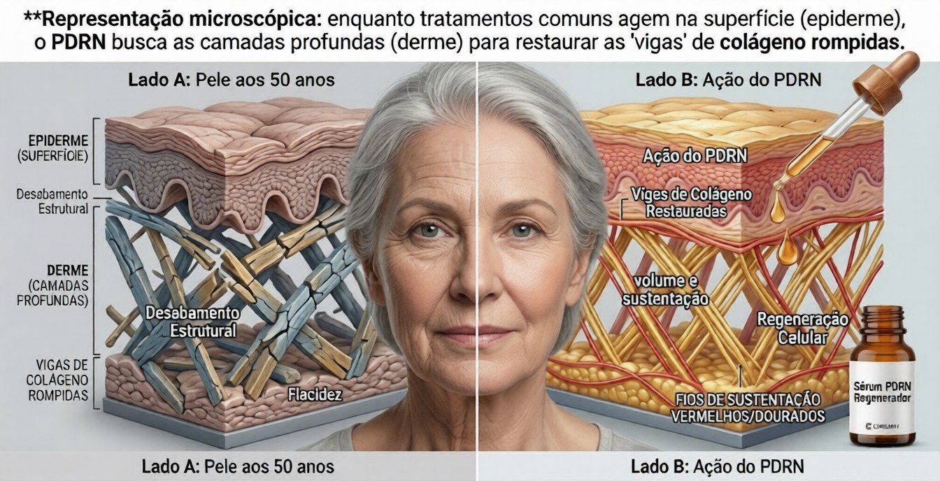 Estrutura de pele flácida vs Ação PDRN
